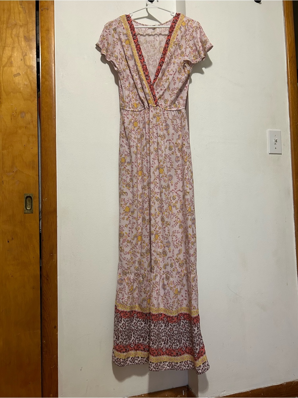 BeBop Light Pink Floral Maxi Dress with Yellow & Red Trim
